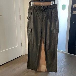 SET Hi Rise Genuine Leather Cargo Pants w Imperfection Olive Green Sz 4 NWOT